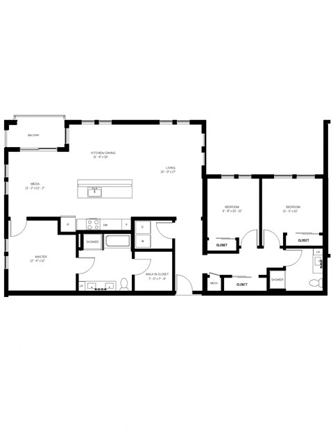 Floor plan for 3 beds, 2 baths, 1610 sqft
